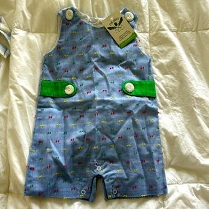 The Oaks John John with tags - Denim with bow tie Embroidery 6M